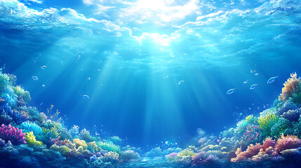 Fototapeta premium Beautiful blue ocean background with sunlight and undersea scene