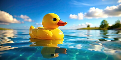 This sunny yellow rubber duck drifts peacefully on smooth water, evoking summer vibes and delightful pool scenes, offering a sense of joy and carefree nostalgia.