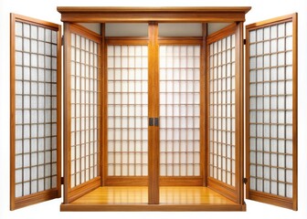 This traditional Japanese shoji door, with its intricate design, acts as a stylish room divider, beautifully integrating into any interior space against a white background.