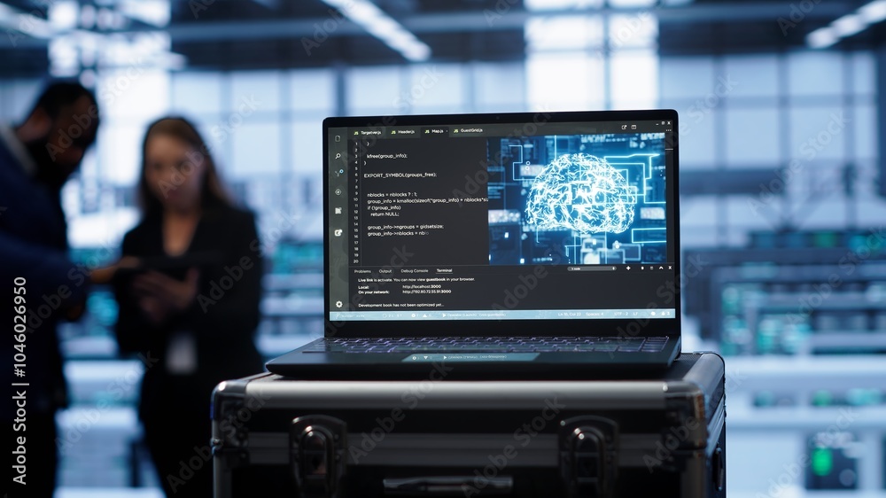 Poster focus on laptop in data center with artificial intelligence brain used by engineers in blurry backgr