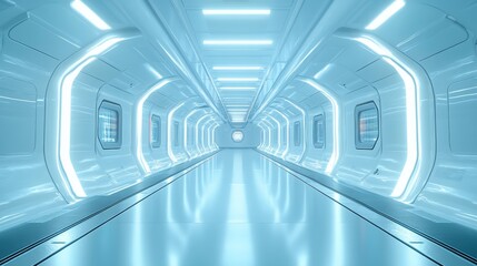 Industrial futuristic corridor, metallic panels reflecting bright white light, glossy floors with light trails, high-tech, cyberpunk vibe, cool blue hues, symmetrical design