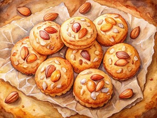 Fototapeta premium This watercolor artwork showcases tempting almond cookies on a rustic paper background, making it a lovely addition to any baking-themed collection or kitchen decor.