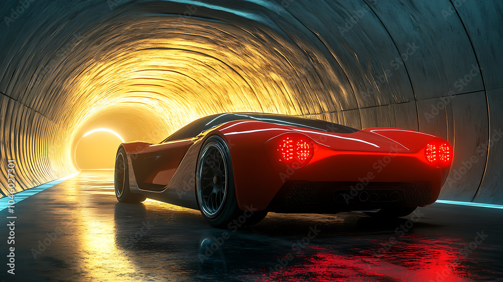 Poster Conceptual image of a sports car driving through a tunnel A striking image of a car parked in a tunnel 