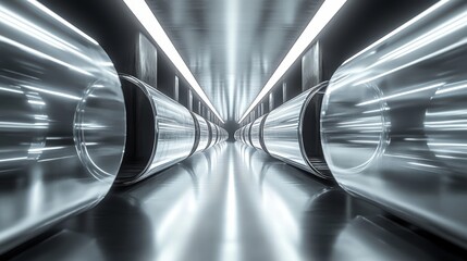 Industrial plastic rolls, metallic texture glinting under bright white LED lights, symmetrical arrangement, hyper-detailed, futuristic 3D render, cold steel tones, high contrast