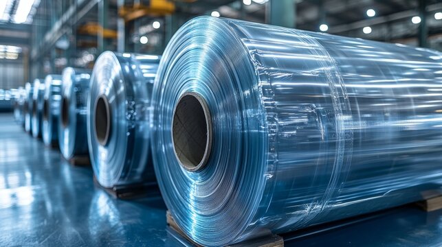 Industrial plastic film rolls stacked horizontally, showcasing their reflective surfaces, smooth cylindrical bodies, and clean industrial feel