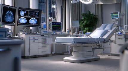 The operating room features advanced medical equipment and monitors showing radiographic images, designed for precision in patient care