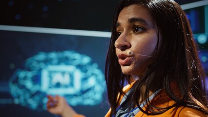 AI expert showcasing new cutting edge technologies, discussing industry advancements. Extreme close up of woman sharing latest developments in AI and Big Data industries, camera B
