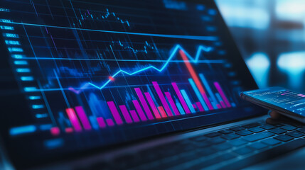 charts and graphs with statistics to innovative analyze business potential and forecast future development of companies growth.