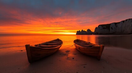 Two boats float gently by the shore as a dramatic sunset casts warm tones over the ocean, with majestic cliffs forming a picturesque backdrop in this captivating scene.