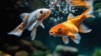 Fototapeta premium Two vibrant koi fish swim gracefully beneath the water's surface, surrounded by bubbles and creating a peaceful, serene underwater scene full of life and tranquility.