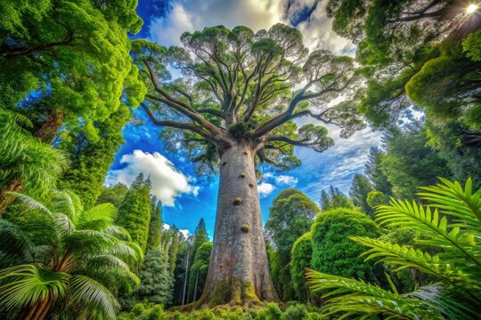 Towering above lush vegetation, a magnificent giant kauri tree enchants travelers at this well-loved natural attraction, showcasing the beauty of the surrounding environment.