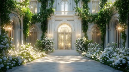 Fairy-tale castle wedding stage with turrets and cascading flowers A grand wedding stage designed to resemble a castle facade features small turrets and ivy cascading down its walls.