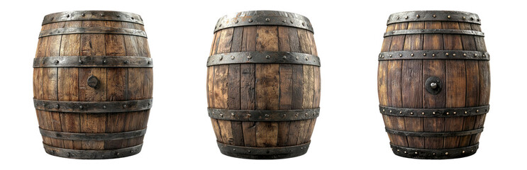 Fototapeta premium PNG Rustic Wooden Barrels Collection for Decoration Isolated on Transparent Background