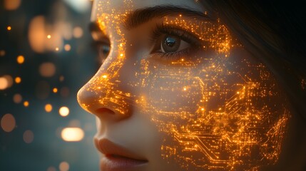 Close-up of a human face with glowing blue circuits running across the skin, representing AI technology integration, Cyberpunk, Neon lighting, Digital painting, Futuristic atmosphere