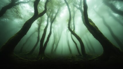Obraz premium A mystical landscape featuring tall, twisted trees shrouded in fog. The green hues and ethereal atmosphere conjure feelings of mystery and wonder in nature's realm.