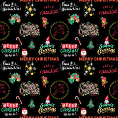 Black Background Holiday Seamless Pattern With Merry Christmas In Different Languages