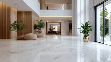 A bright, modern interior showcases sleek marble flooring, tall plants in elegant pots, and plush seating, creating a luxurious, open atmosphere filled with light.