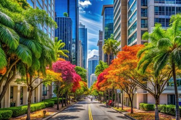 Fototapeta premium Tropical trees flourish along urban streets, juxtaposed with contemporary buildings, cultivating a vibrant atmosphere that enlivens the city and nurtures a sense of community.