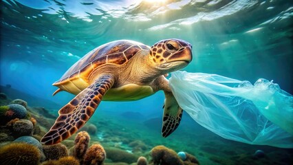 Fototapeta premium Turtles' dangerous habit of mistaking plastic bags for food highlights the severe environmental crisis caused by plastic pollution in our oceans and its impact on wildlife.