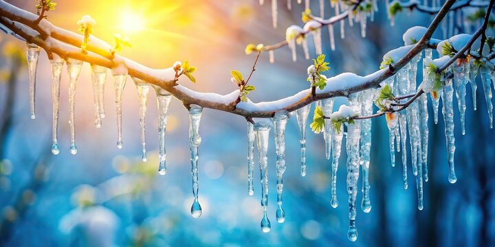 Spring bright background with icicles on branch of tree Silhouette