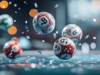 Vivid red and white numbered balls float with a dynamic motion effect against a blurred background, invoking a sense of whimsy and chance in the colorful image.