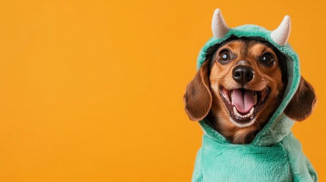 An adorable dog dressed in a playful dinosaur costume with horns, set against a cheerful orange background, exuding joy and delightful charm.