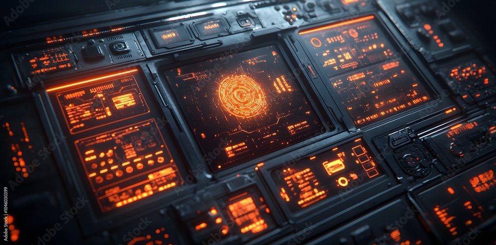 Poster a futuristic control panel displaying intricate data and graphics in glowing orange hues.