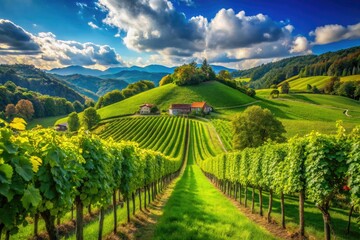 Fototapeta premium Under a brilliant blue sky, Sloveniaâ€™s picturesque vineyards showcase rows of lush green grapes, creating a stunningly vibrant scene that embodies the region's agricultural charm.