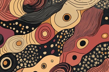 Naklejka premium A vibrant doodle design features warm tones and retro patterns, showcasing swirling shapes inspired by the 70s and 80s. Generative AI