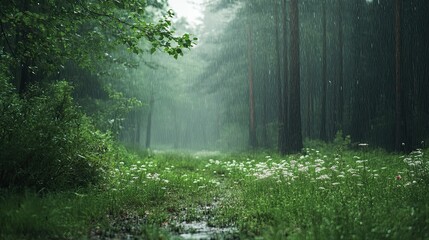 Obraz premium Rainy forest path with wildflowers. This photo is perfect for creating a calming and peaceful mood.