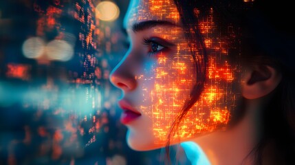 Abstract portrait of a woman with holographic puzzle pieces lighting up her mind, futuristic design, vibrant glow, cyberpunk aesthetic, intricate neural patterns