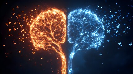 Artistic depiction of empathy circuits with a tree-like brain connecting two profiles, butterflies as symbols of ideas in transformation, Cyberpunk, Glowing