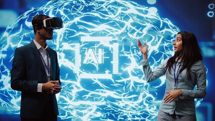 Tech experts presenting VR headset and AI tech during summit presentation, exploring successful implementation of artificial intelligence and virtual reality in driving forward businesses, camera B