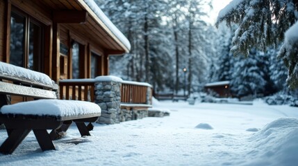 Snow-covered wooden cabins situated in a tranquil snowy landscape, dotted with trees, creating a picturesque embodiment of winter warmth and solitude.