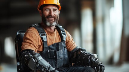 A smiling construction worker wearing a robotic exoskeleton onsite, representing technological advancement and empowerment in modern industrial environments.