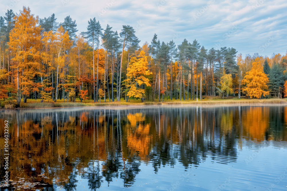 Wall mural colorful autumn forest reflected in a calm lake under a clear sky showcasing seasonal beauty