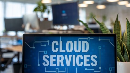 Laptop screen displaying Cloud Services in a modern office setting.