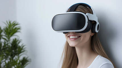 Fototapeta premium Smiling woman wearing VR headset, looking happy.