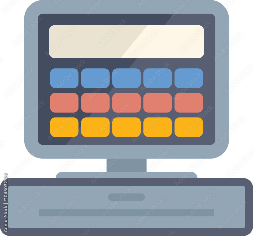 Poster modern cash register with colorful buttons and a blank display, ready for inputting sales transactio