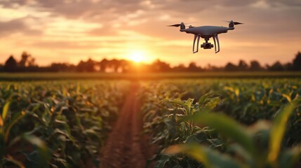 A drone hovers above a cornfield during sunrise, capturing stunning visuals for agricultural monitoring and precision farming, enhancing crop management and analysis.