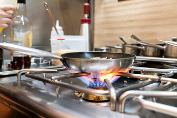 Professional chefs in action inside a busy restaurant kitchen