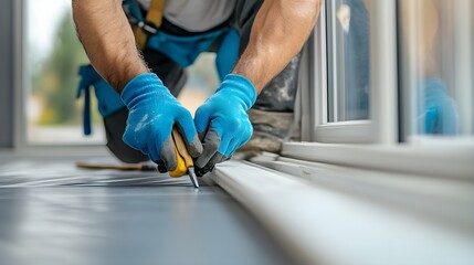 Handsome worker installing a plastic window indoors, close-up of tools and hands securing the frame, soft light highlighting the clean, modern space