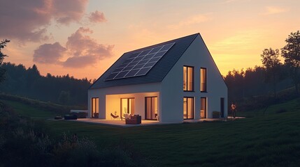 Obraz premium Modern house with solar panels. This image shows a modern, sustainable home, perfect for illustrating concepts of renewable energy, eco-friendly living, or architecture.