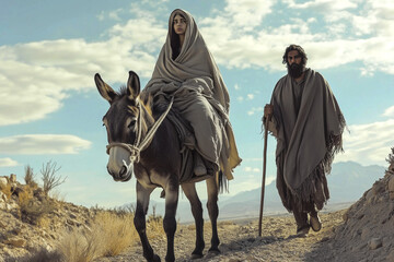 Cinematic shot of Mary riding on a donkey with Joseph walking beside her, in a desert landscape, full body, dressed as she was during the biblical times of Jesus' birth, Christmas