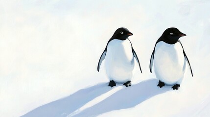 Obraz premium A few penguins stand together on a snow-covered ground, casting a shadow on the ground