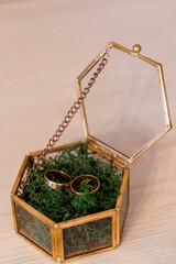 Elegant Wedding Rings Displayed in a Glass-Covered Hexagonal Box
