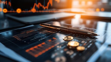 Investment portfolio management, vibrant colors, documents and charts, professional setting, detailed