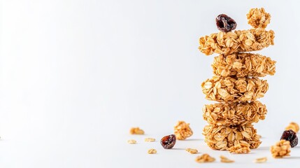 Crisp granola clusters stacked in a pile, close-up with a clean white background, granola detail, healthy breakfast concept