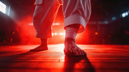 Martial arts training, dynamic action, vibrant colors, gym setting, energetic