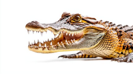 Fototapeta premium Crocodile in attack mode, mouth fully open, aggressive stance, texture-rich scales and teeth on display, isolated against a stark white background